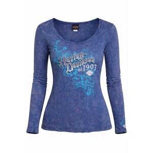 Harley-Davidson Blue Purple Acid Wash Long Sleeve Graphic Top Y2K Biker Moto XL